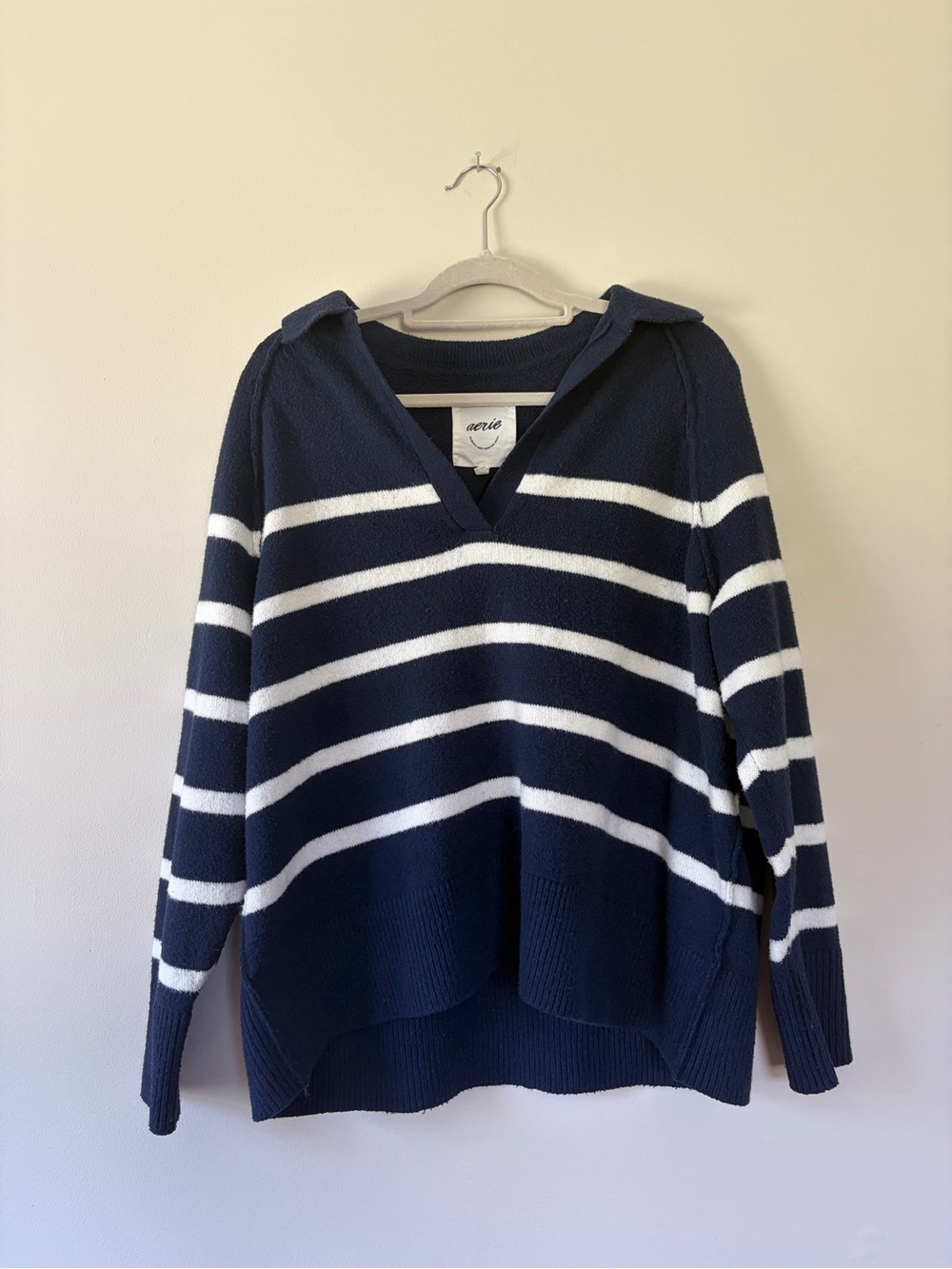 oversized aerie Navy and White Striped V-Neck Sweater